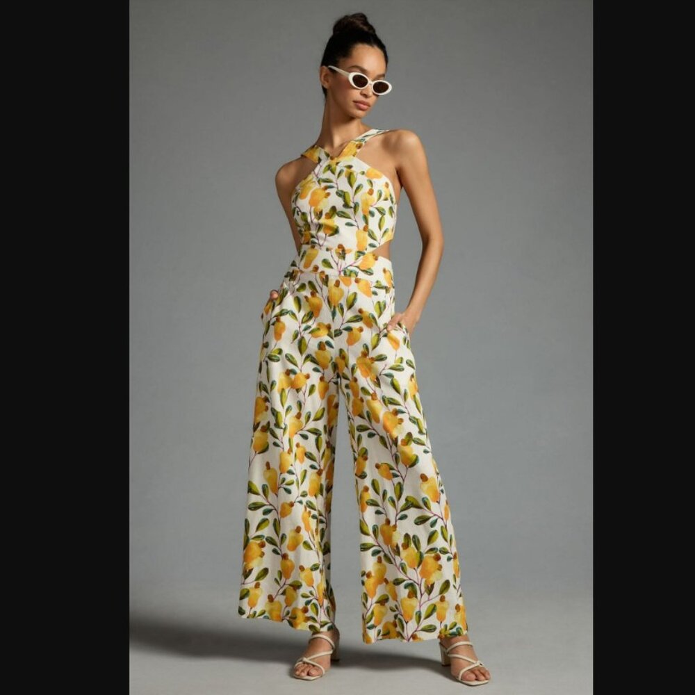 FARM Rio x Anthropologie Halter Cutout Wide-Leg Jumpsuit Medium Petite EUC